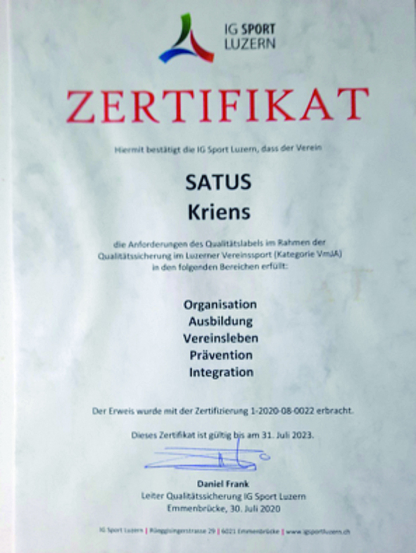 SATUS Kriens wird mit Qualitätslabel ausgezeichnet - SATUS - Schweizer Arbeiter-, Turn- und Sportverband